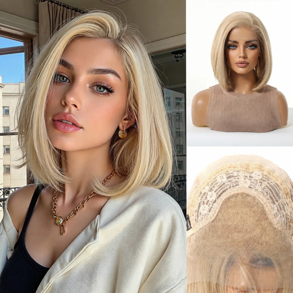 10-Inch Short Bob Wig for Women, Ombre Blonde, Heat-Resistant with Lace Front
