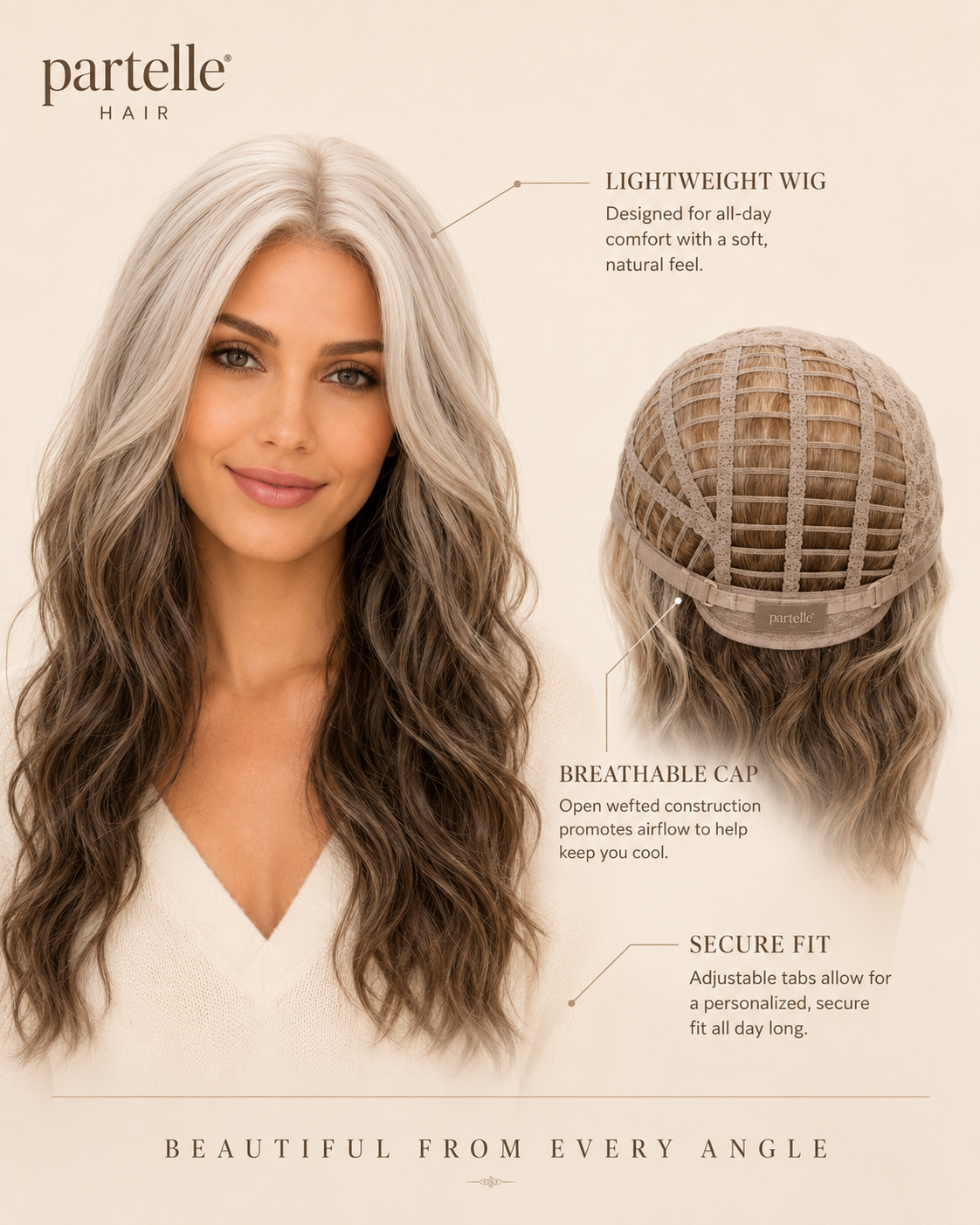 Long Two-Tone Wavy Wig – Icy Blonde & Mocha Brown, Center Part