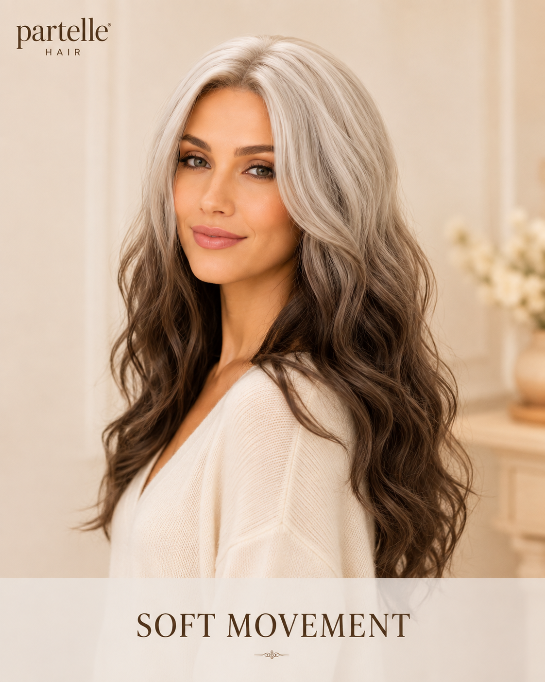 Long Two-Tone Wavy Wig – Icy Blonde & Mocha Brown, Center Part