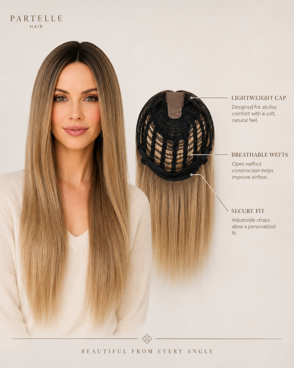 Dark Rooted Sandy Blonde Synthetic Wig – Long Straight Hair, Center Part & Lightweight Comfort Cap