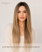 Dark Rooted Sandy Blonde Synthetic Wig – Long Straight Hair, Center Part & Lightweight Comfort Cap