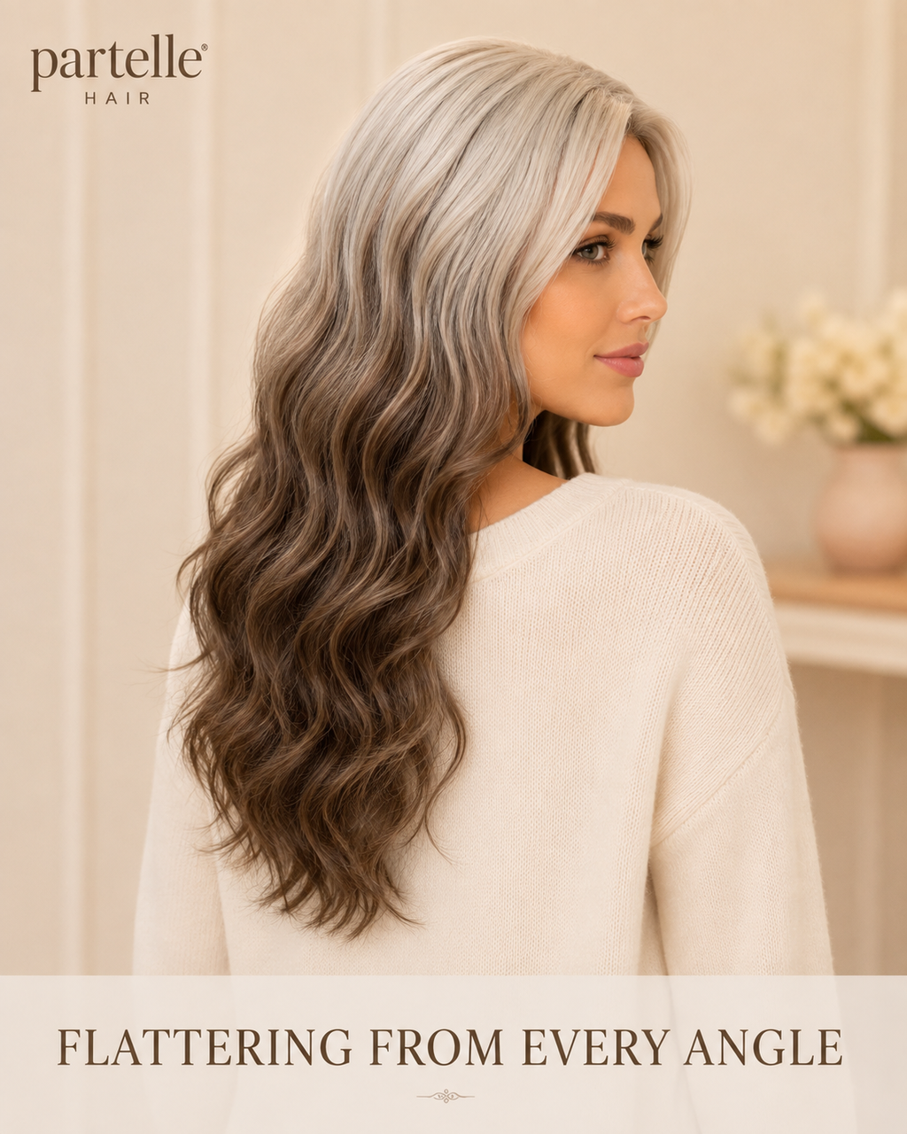 Long Two-Tone Wavy Wig – Icy Blonde & Mocha Brown, Center Part