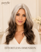 Long Two-Tone Wavy Wig – Icy Blonde & Mocha Brown, Center Part