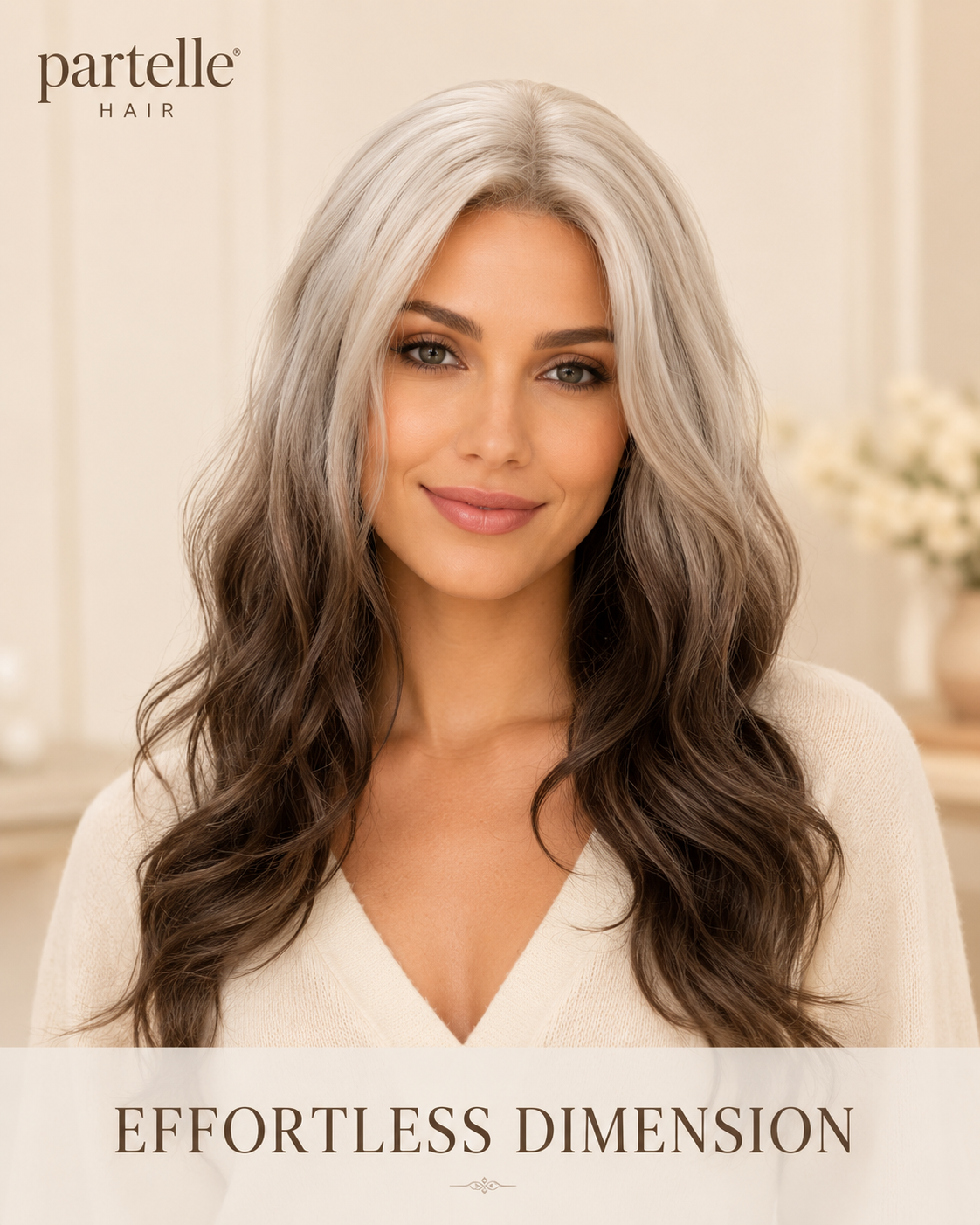 Long Two-Tone Wavy Wig – Icy Blonde & Mocha Brown, Center Part