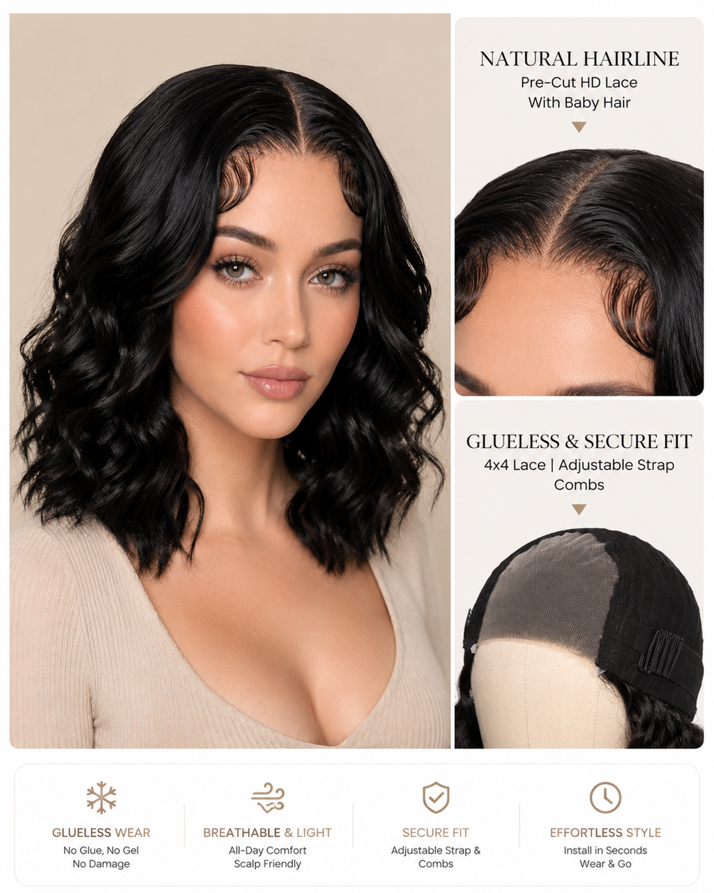 Parrucca in capelli veri “Wear and Go” senza colla – Anteriore in pizzo, 12 pollici