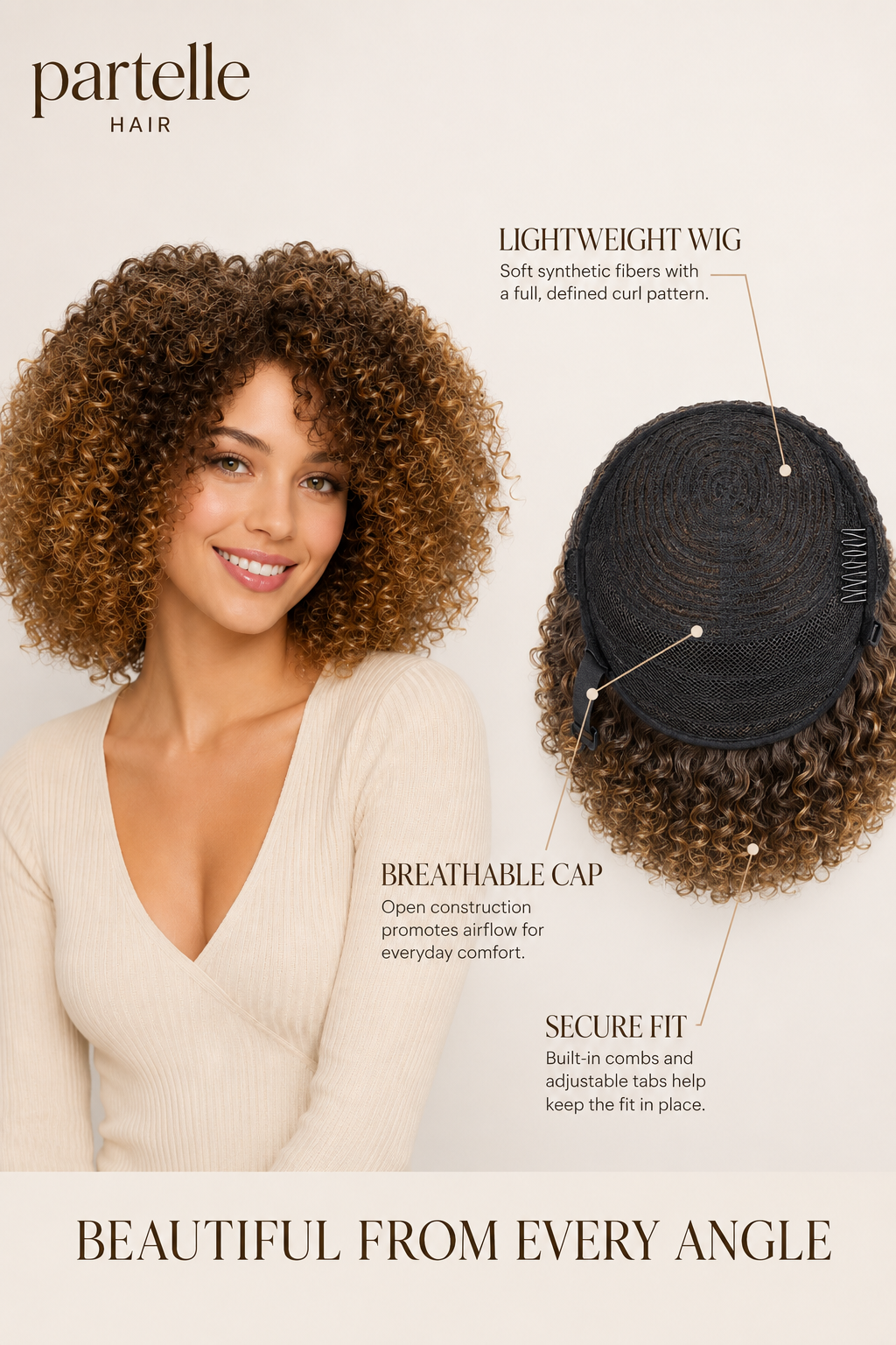 Short Curly Synthetic Wig – Honey Brown Ombre, Glueless Comfort Cap