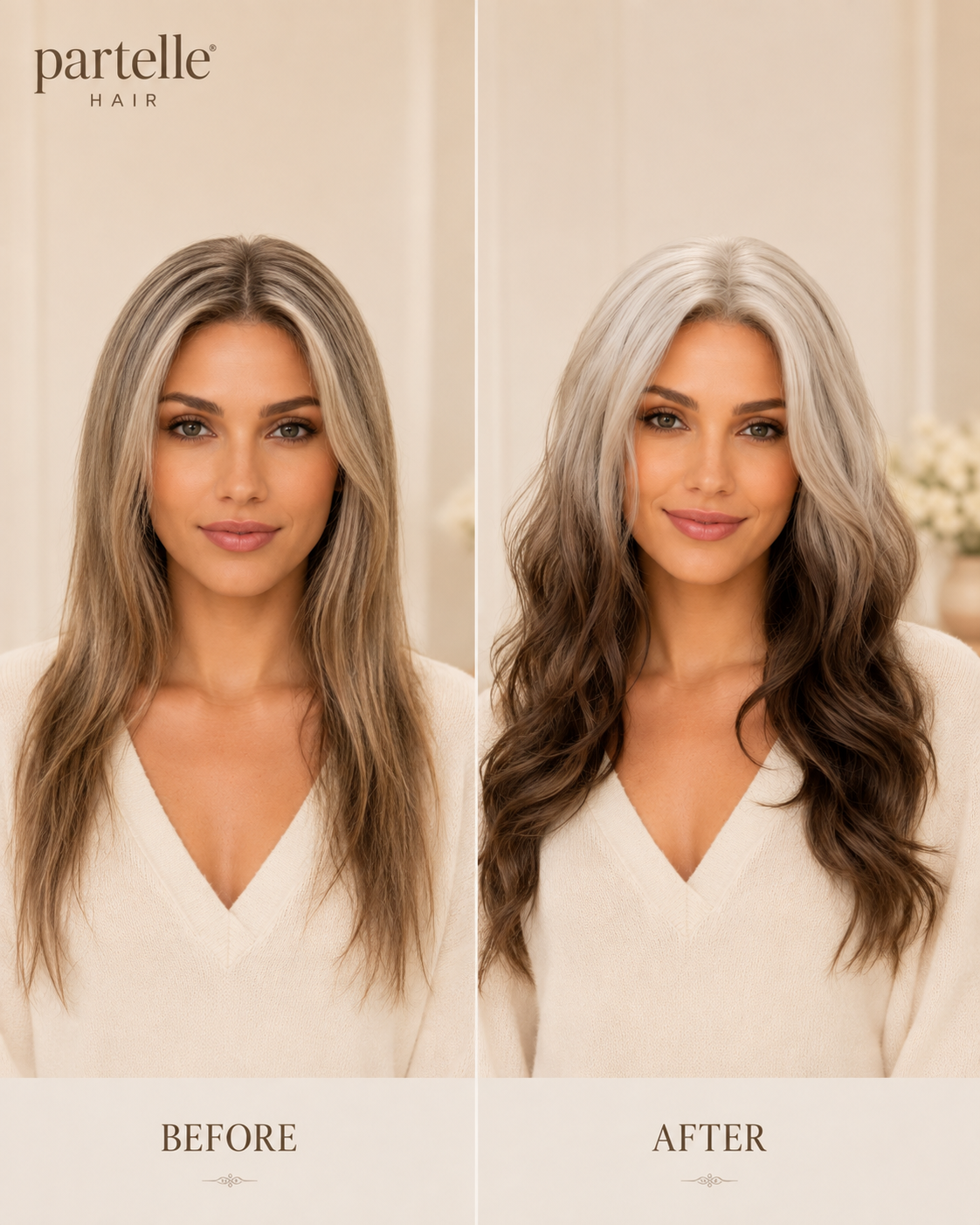 Long Two-Tone Wavy Wig – Icy Blonde & Mocha Brown, Center Part